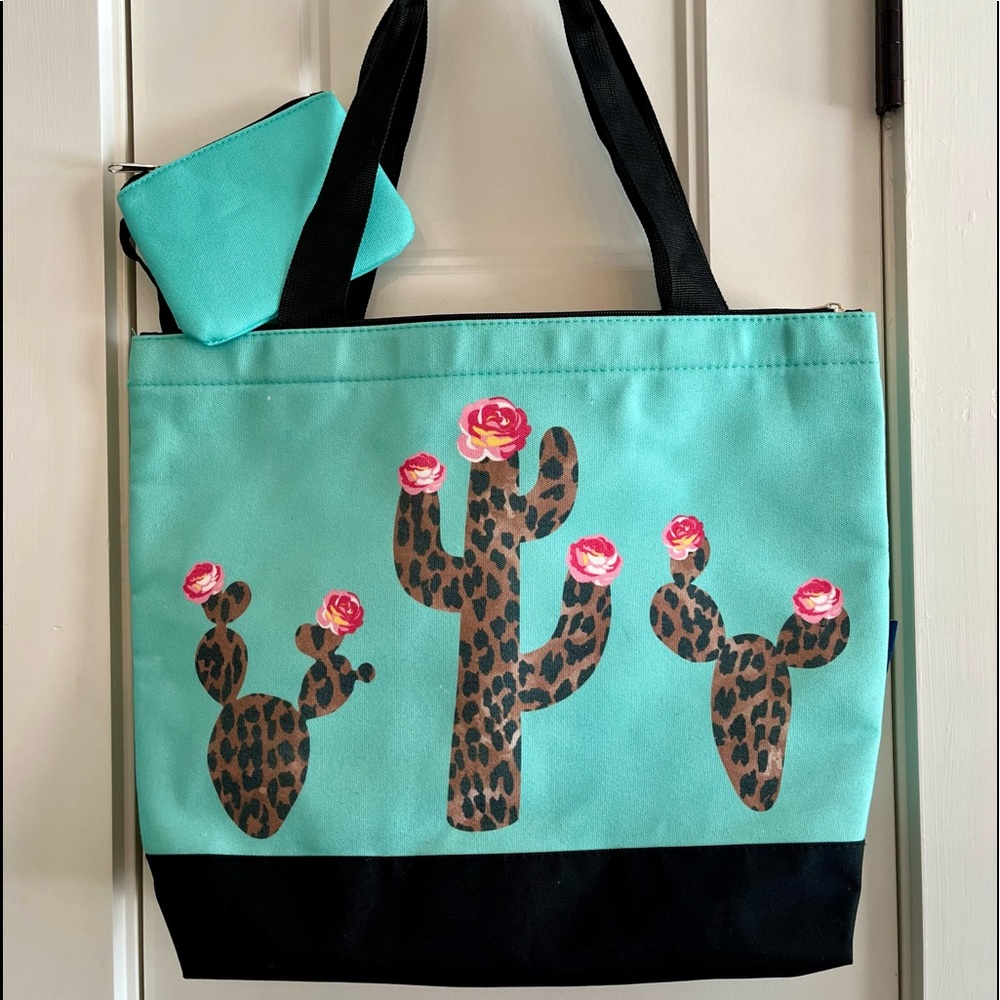 Turquoise & Black Cactus Purse Tote w/ attachable coin purse.